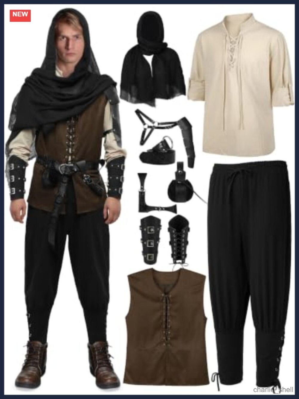 Men's Renaissance Viking Costume Set 9 Pieces Medieval Halloween LARP